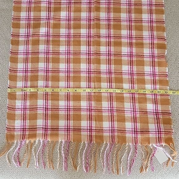 LOFT Outlet Plaid Cream Caramel Brown Pink Maroon Fringed Hem Winter Scarf - Picture 5 of 7
